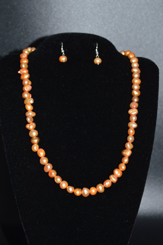 Apricot Orange Freshwater Cultured Pearl Necklace and Earring Set
