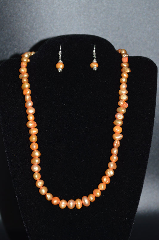 Apricot Orange Freshwater Cultured Pearl Necklace and Earring Set