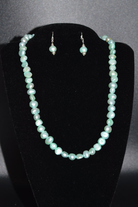 Teal Green Freshwater Cultured Pearl Necklace and Earring Set