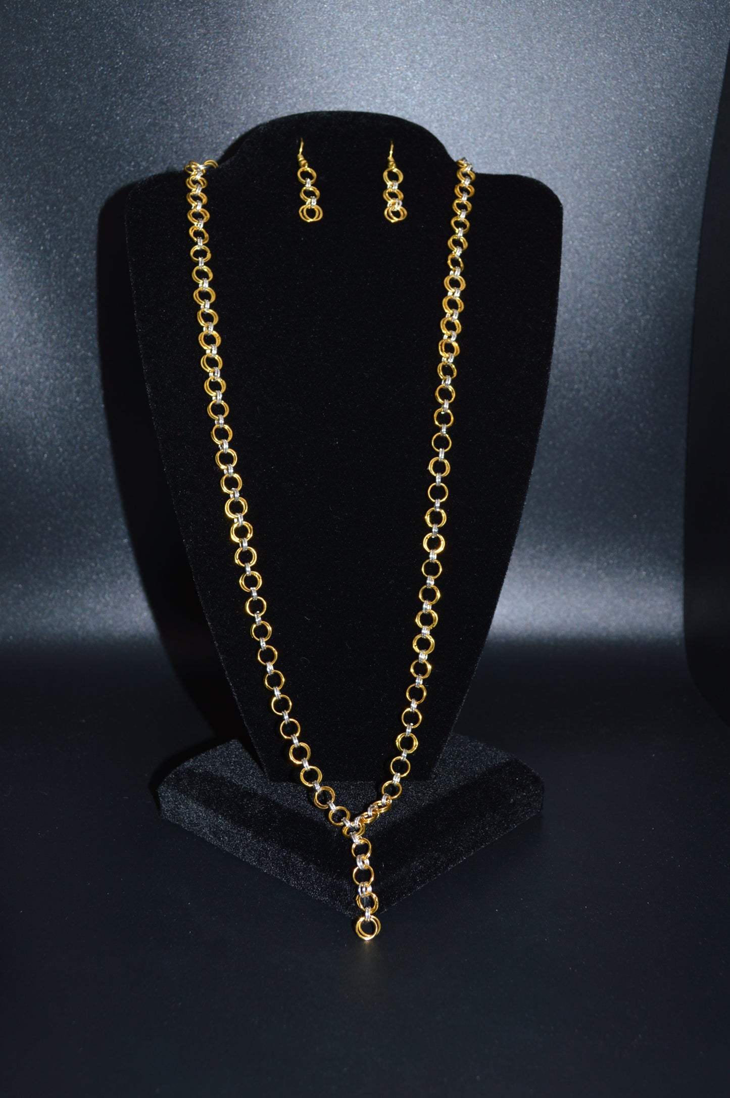 Gold and Silver Hand Linked Chainmail Necklace and Earring Set