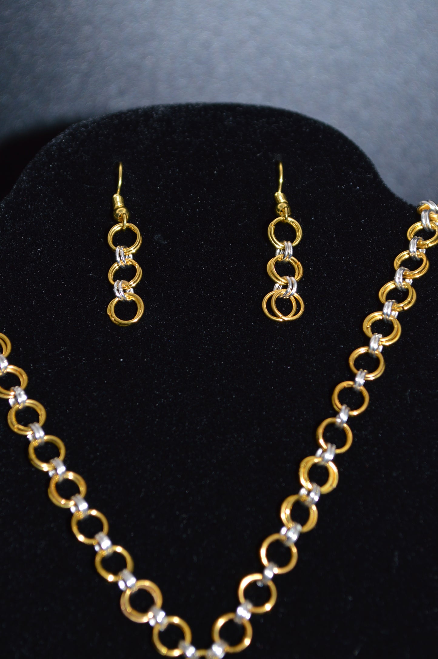 Gold and Silver Hand Linked Chainmail Necklace and Earring Set