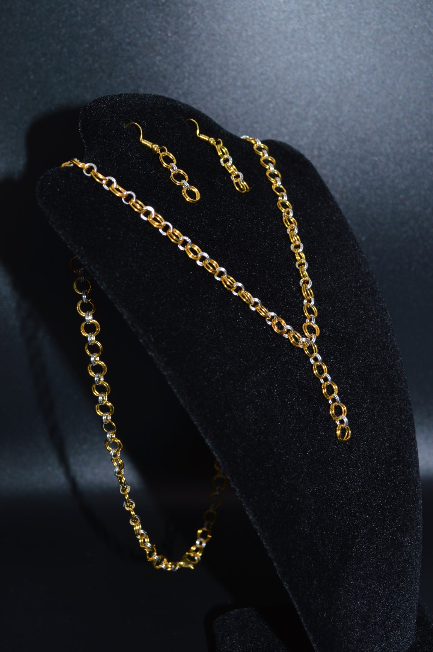 Gold and Silver Hand Linked Chainmail Necklace and Earring Set
