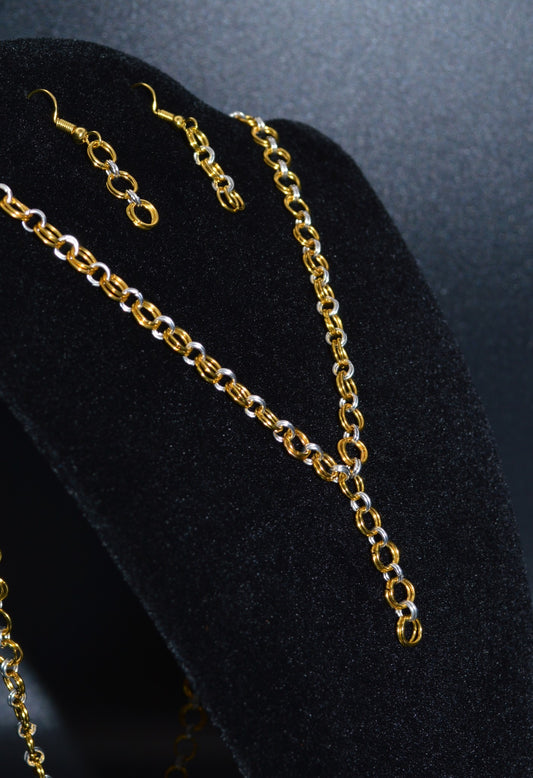 Gold and Silver Hand Linked Chainmail Necklace and Earring Set
