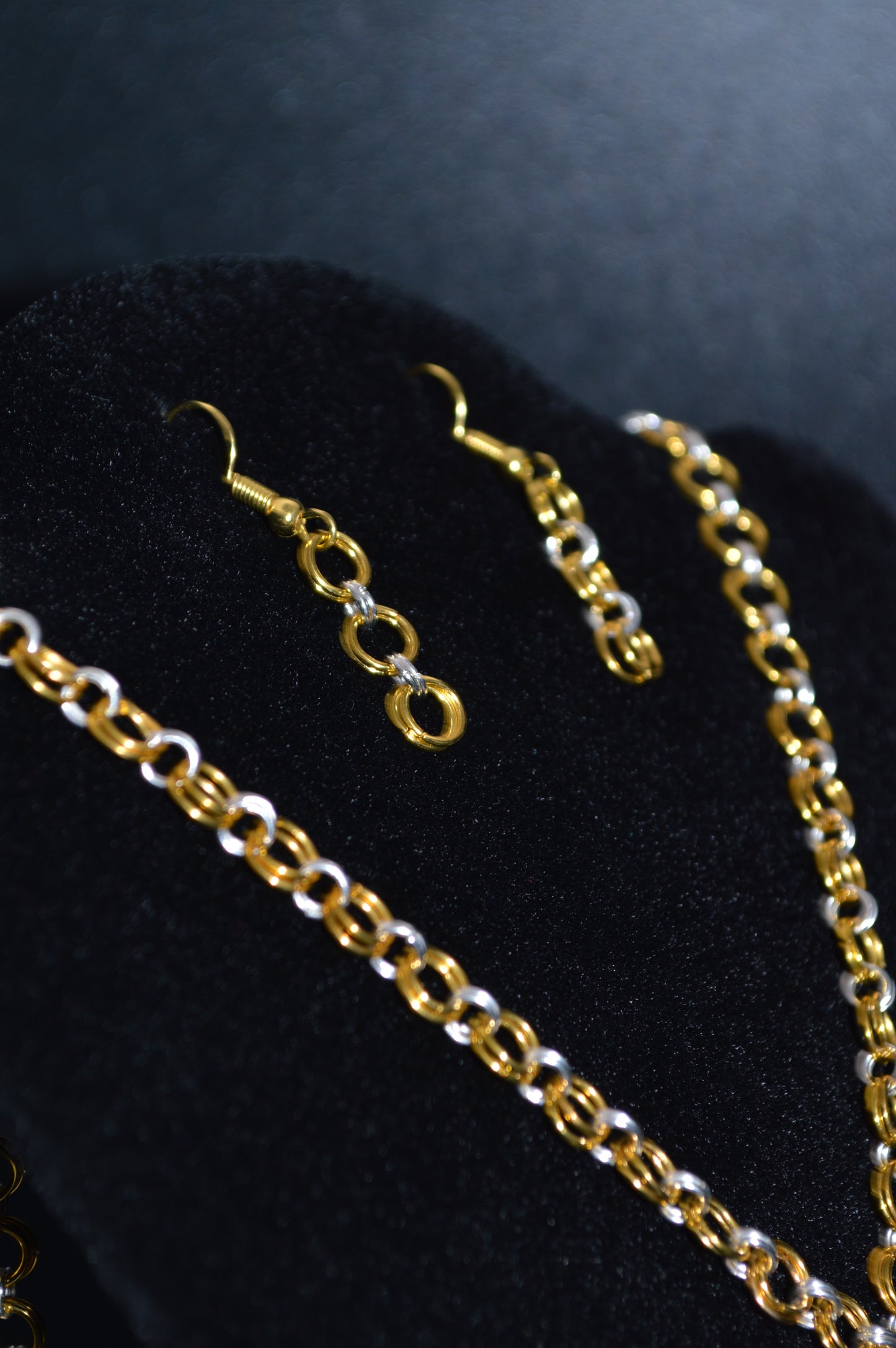 Gold and Silver Hand Linked Chainmail Necklace and Earring Set