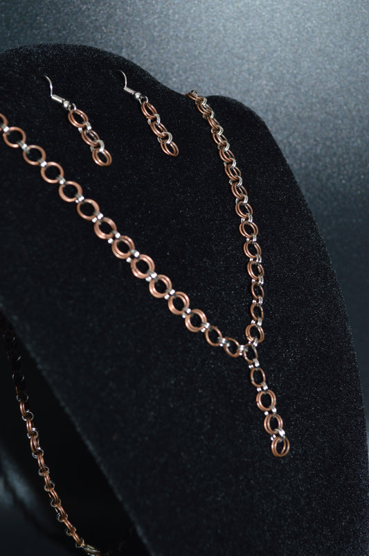 Copper and Stainless Steel Hand Linked Chainmail Necklace and Earring Set