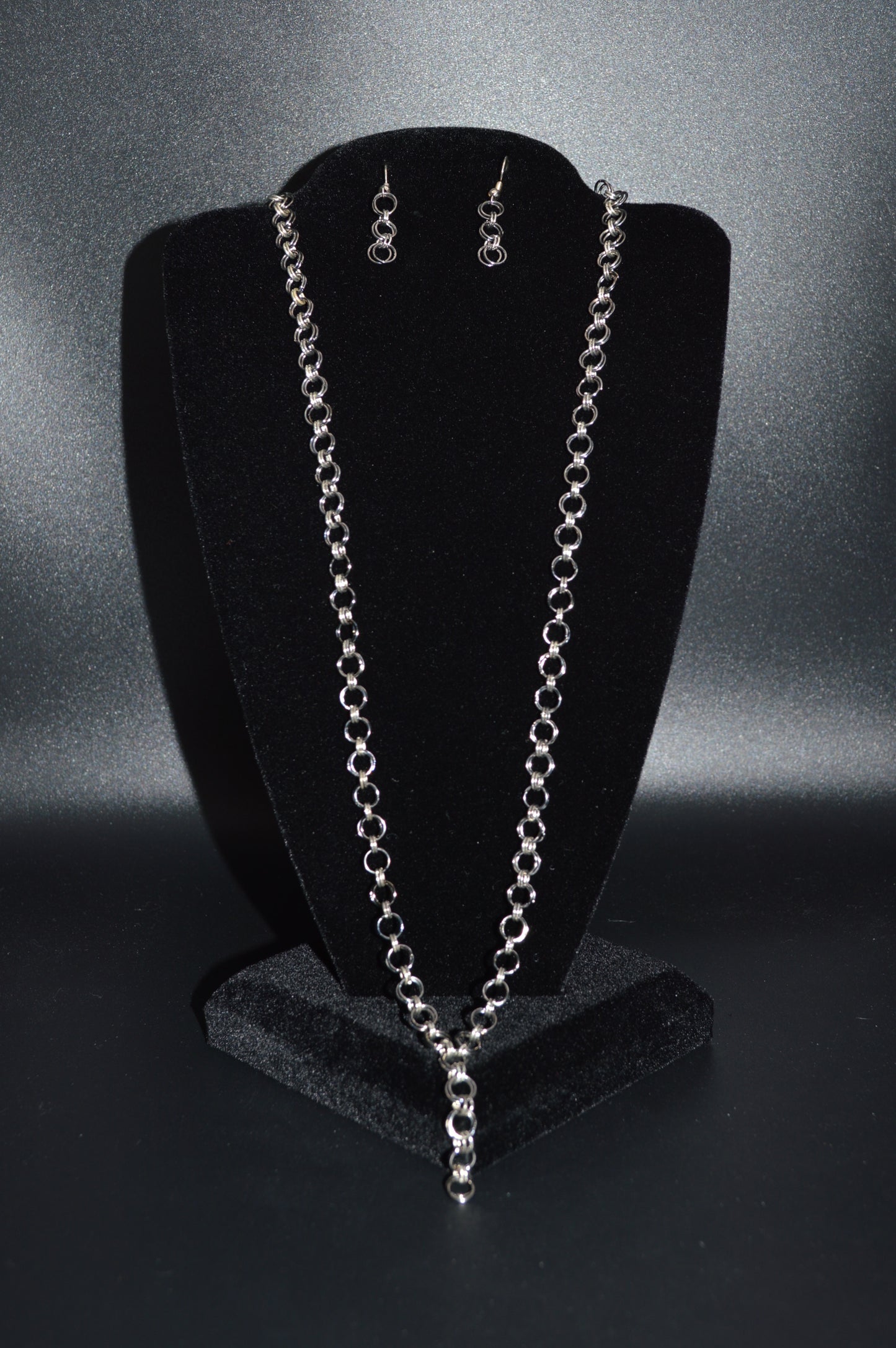 Gunmetal Black and Silver Hand Linked Chainmail Necklace and Earring Set