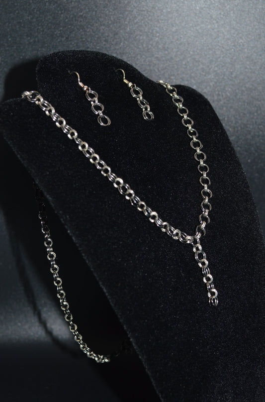 Gunmetal Black and Silver Hand Linked Chainmail Necklace and Earring Set