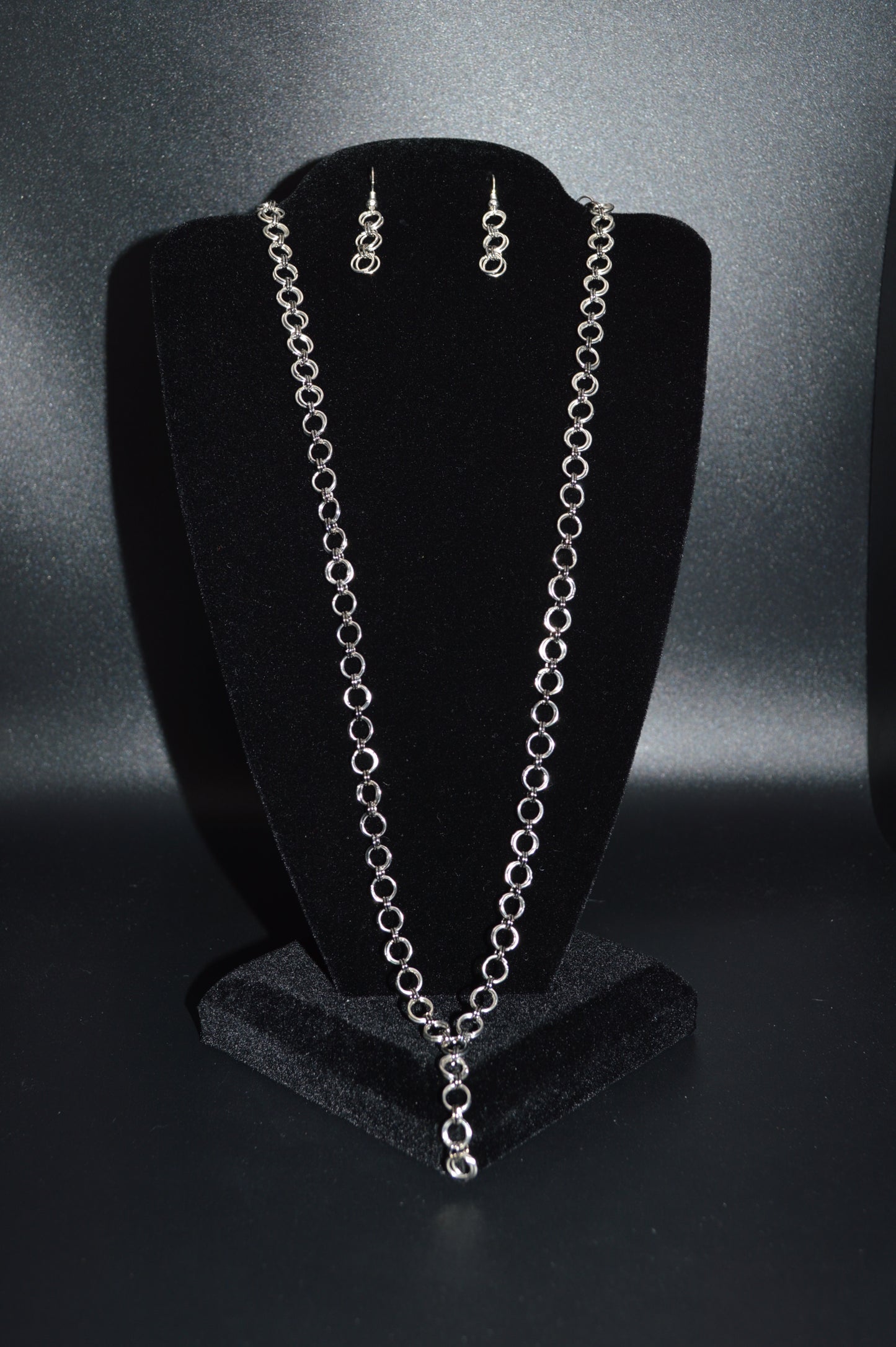 Silver and Gunmetal Black Hand Linked Chainmail Necklace and Earring Set