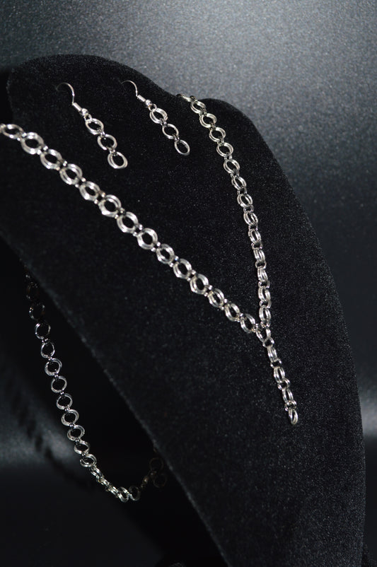 Silver and Gunmetal Black Hand Linked Chainmail Necklace and Earring Set
