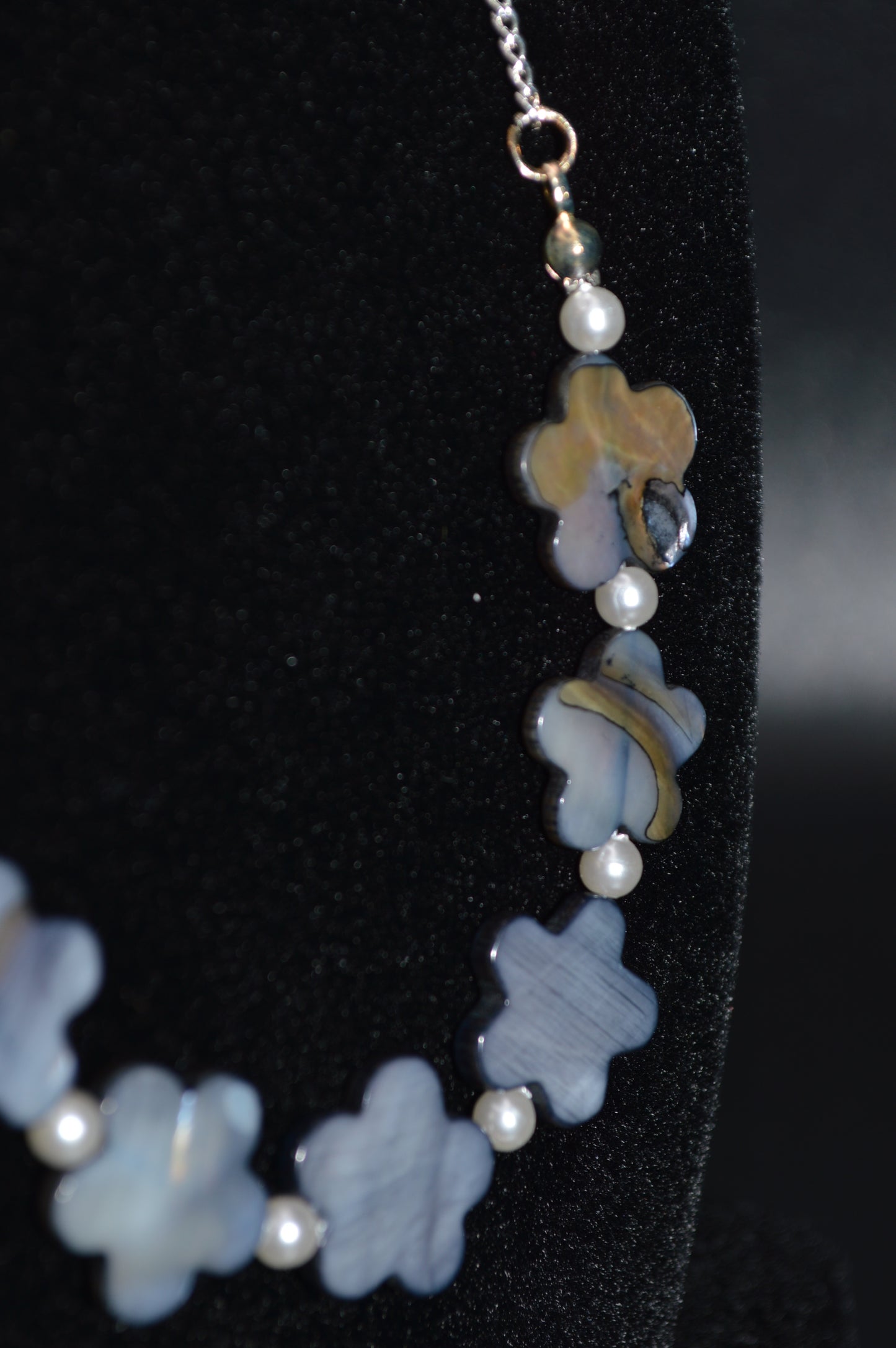 Gray Mother of Pearl Flowers on a Silver Chain Necklace and Earring Set