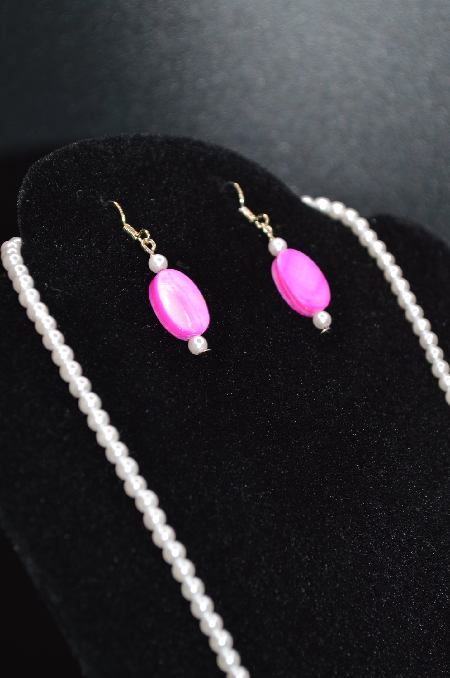Pink Mother of Pearl Ovals with White Beads Necklace and Earring Set