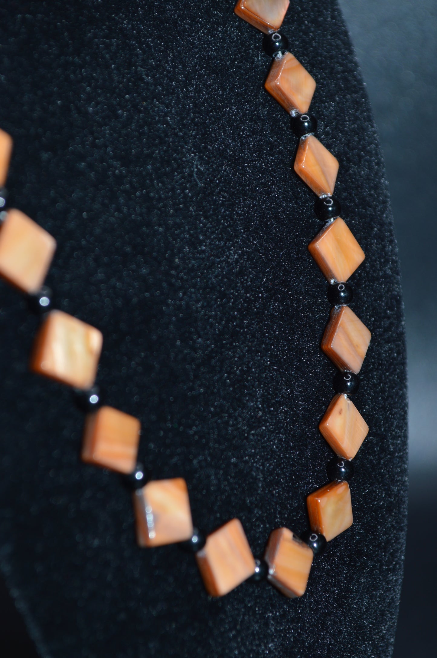 Brown Mother of Pearl Diamonds with Black Beads Necklace and Earring Set