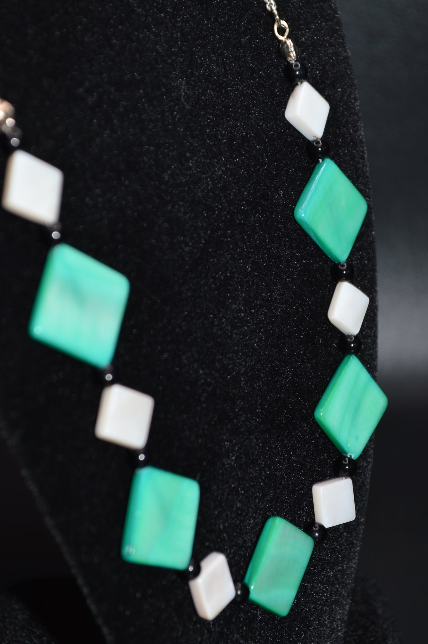 Aqua and White Mother of Pearl Diamonds with Black Beads Necklace and Earring Set