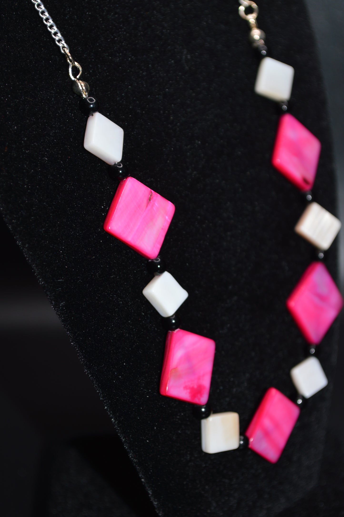 Pink and White Mother of Pearl Diamonds with Black Beads Necklace and Earring Set