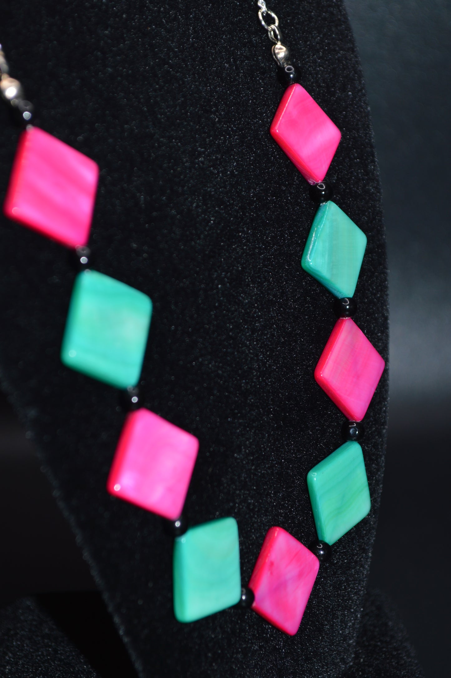 Pink and Aqua Mother of Pearl Diamonds with Black Beads Necklace and Earring Set