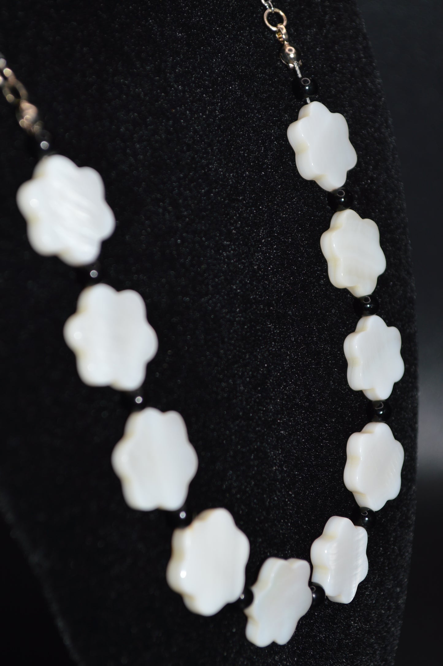 White Mother of Pearl Flowers with Black Beads Necklace and Earring Set
