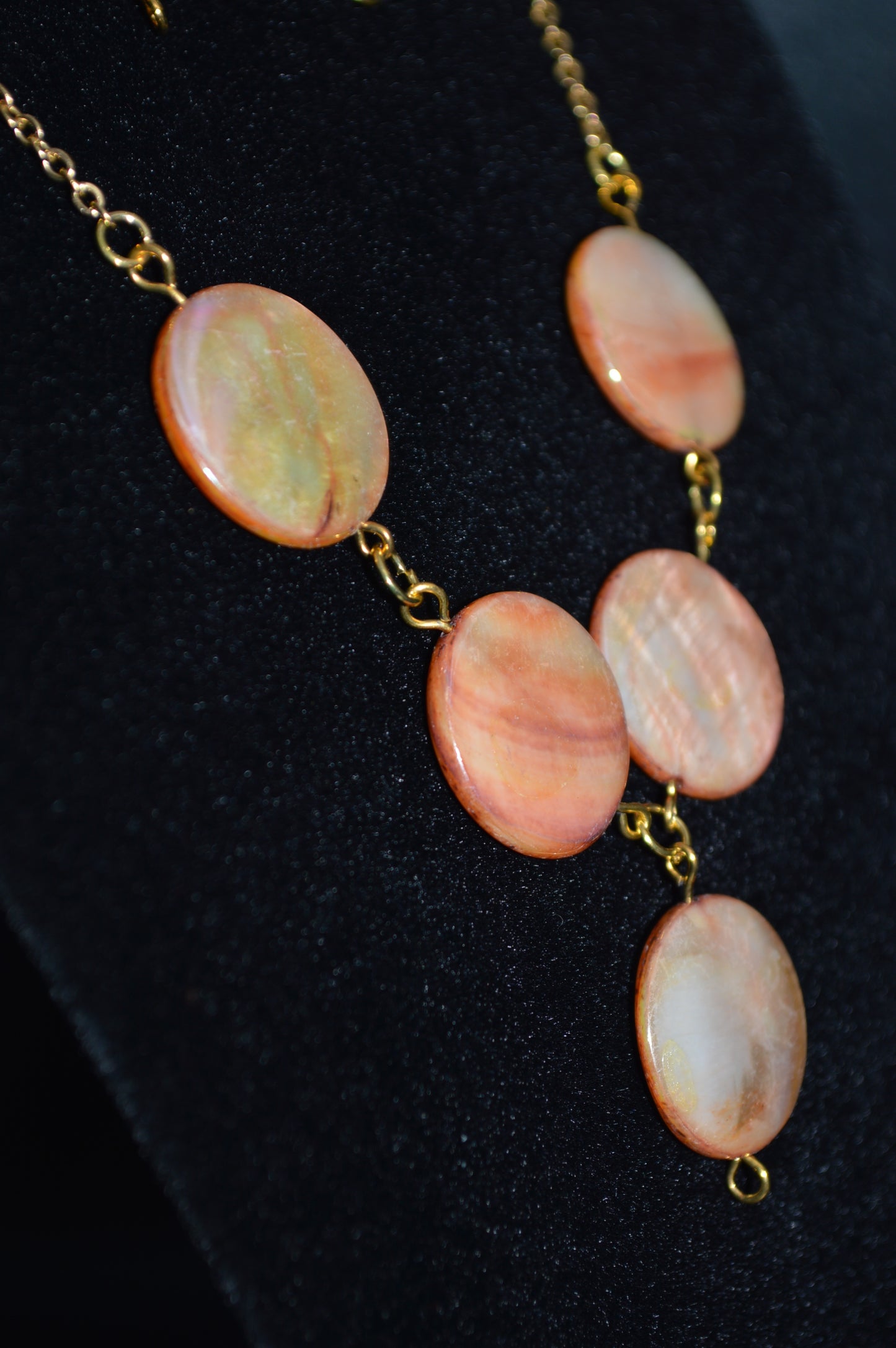 Copper Mother of Pearl Rounds on a Gold Chain Necklace and Earring Set