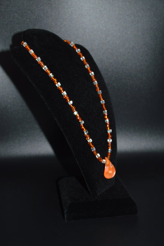 Orange Mother of Pearl Teardrop Pendant with Glass Beads Necklace