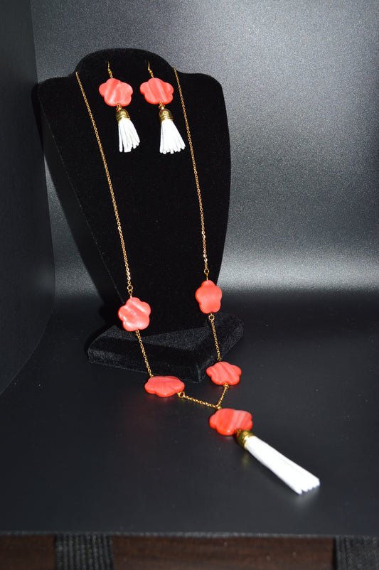 Peach Mother of Pearl Flowers on a Gold Chain with a White Tassel Necklace and Earring Set