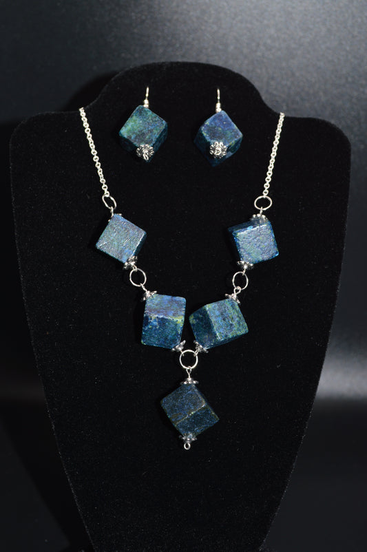 Blue Green Serpentine and Quartz Necklace and Earring Set (1 drop)