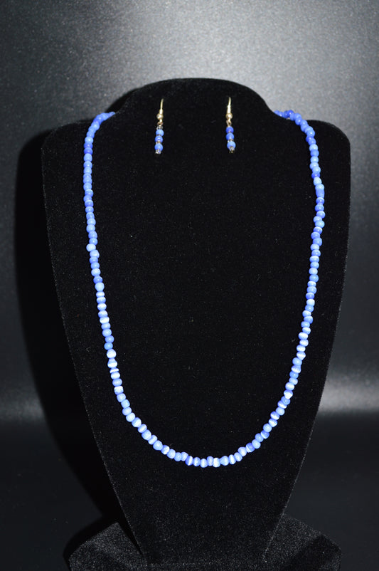 Cat's Eye Glass Necklace and Earring Set (Blue)