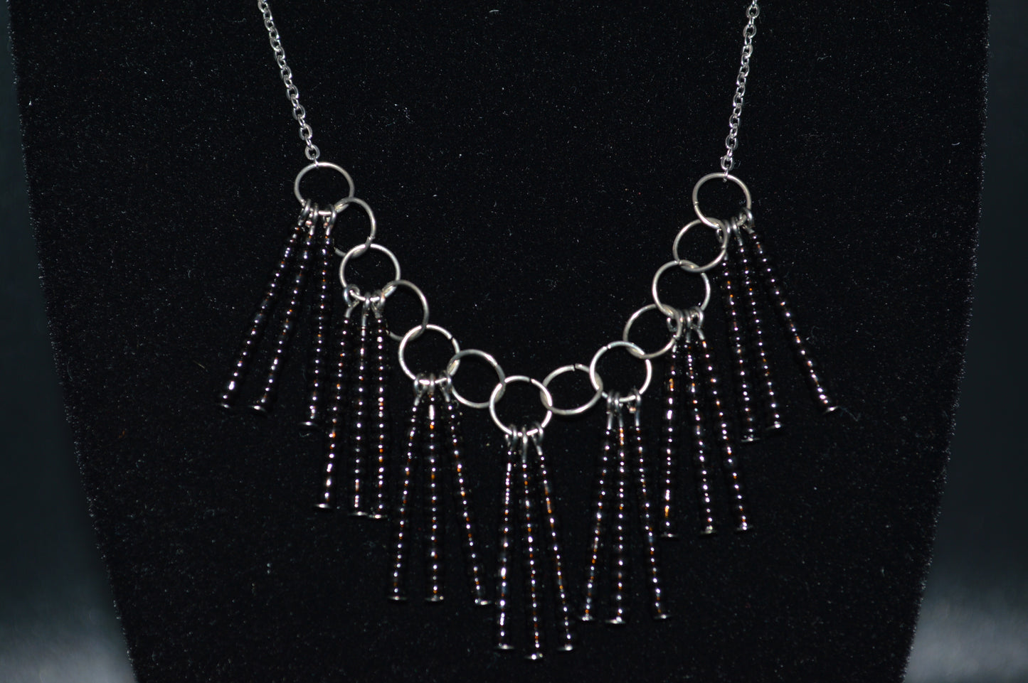 Glass Beaded Tassel Necklace and Earring Set (Black)