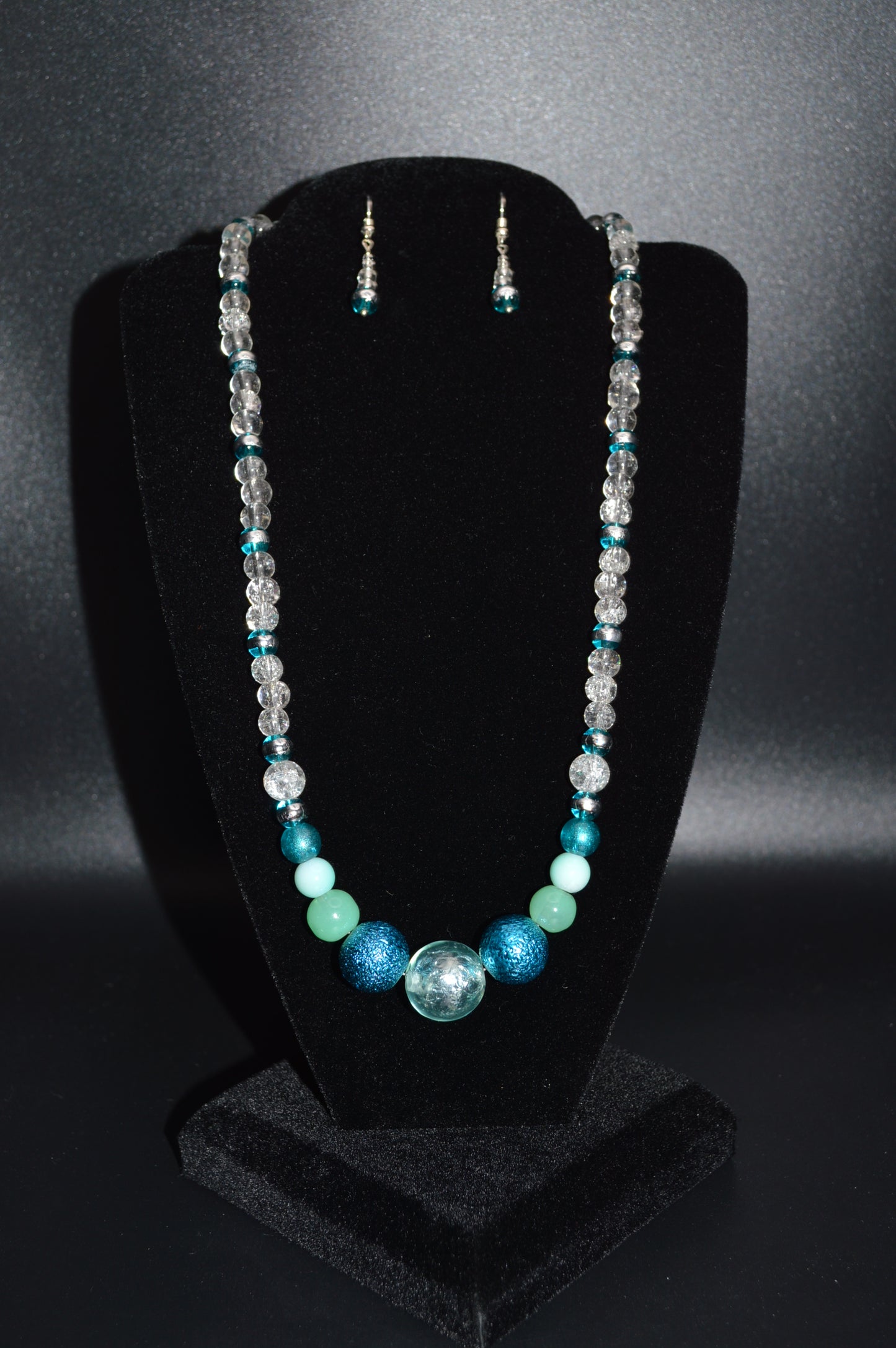 Shades of Blue Crackled Glass Beaded Necklace and Earring Set