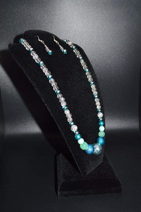 Shades of Blue Crackled Glass Beaded Necklace and Earring Set