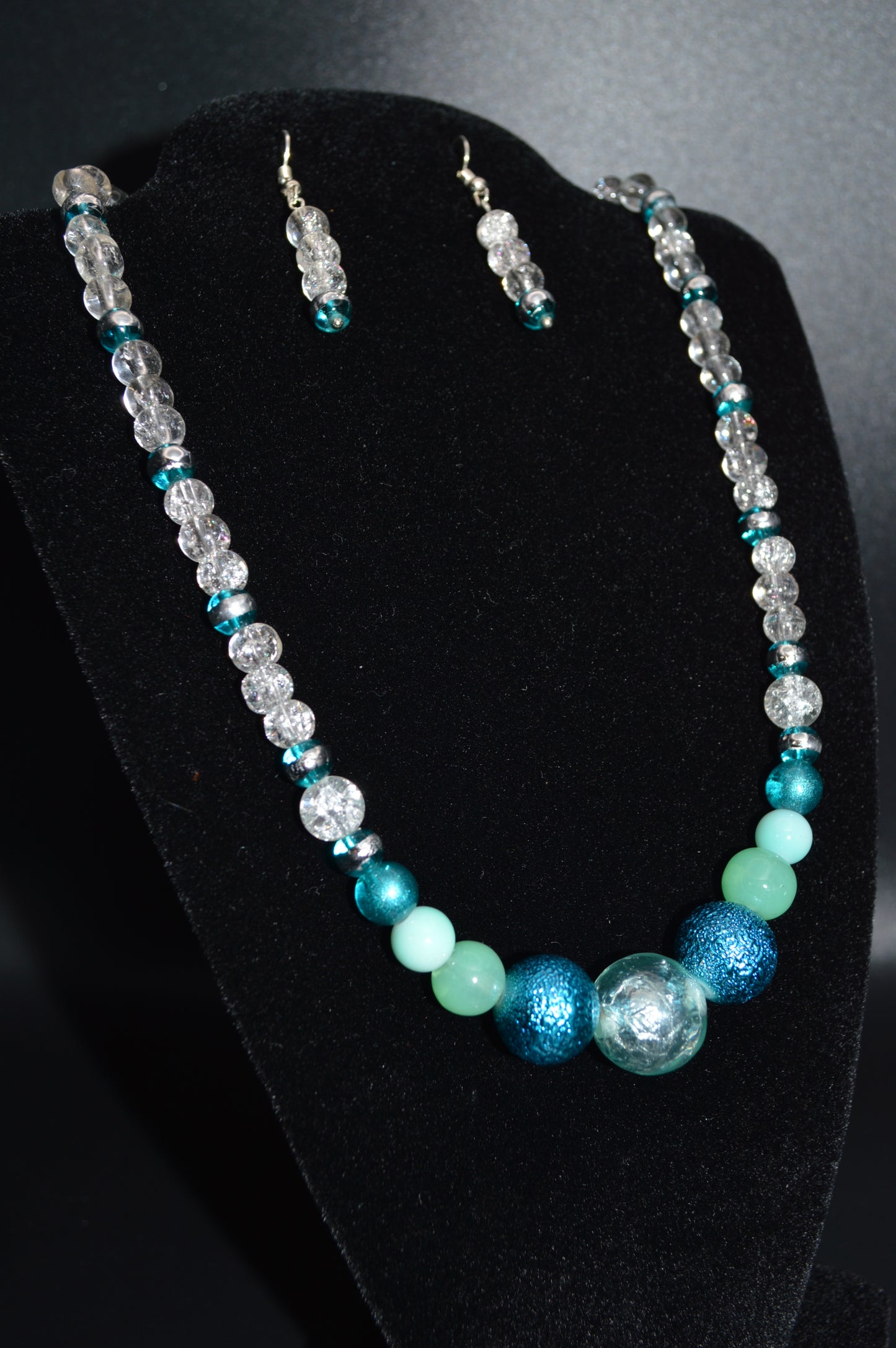 Shades of Blue Crackled Glass Beaded Necklace and Earring Set
