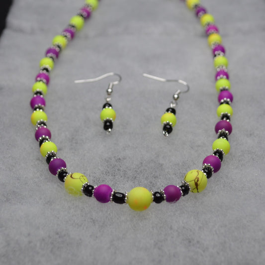 Purple and Neon Yellow Beaded Necklace and Earring Set