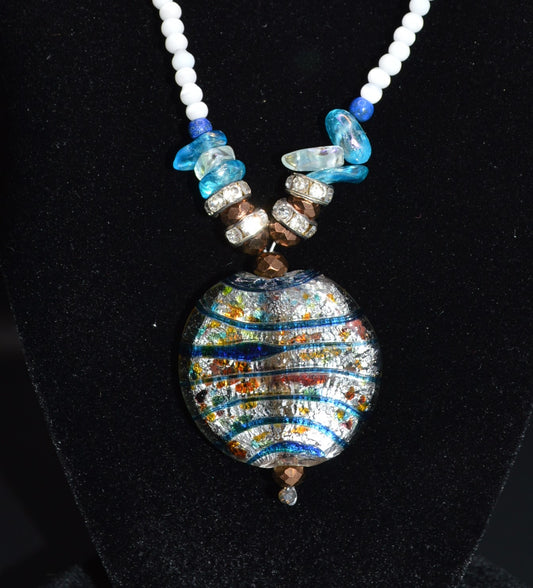Blue and White Lampworked Glass Necklace and Earring Set