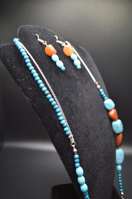 Brown and Turquoise Colored Stones on a Silver Chain Necklace and Earring Set