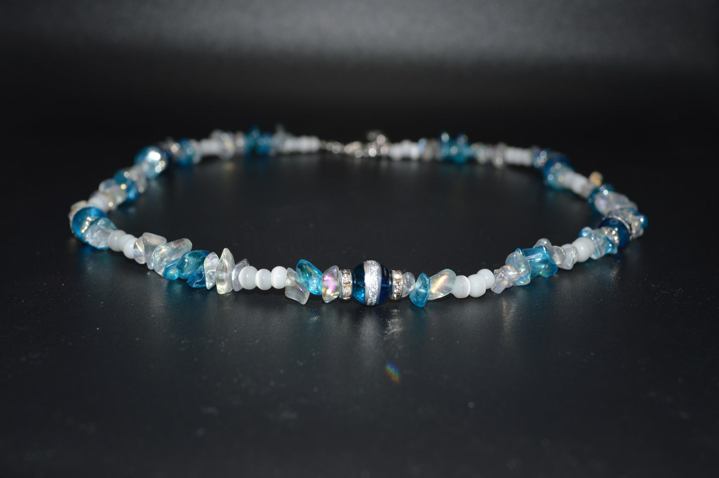 Blue Silver Striped Glass Beads with Glass Chips and Crystal Spacers Necklace and Earring Set
