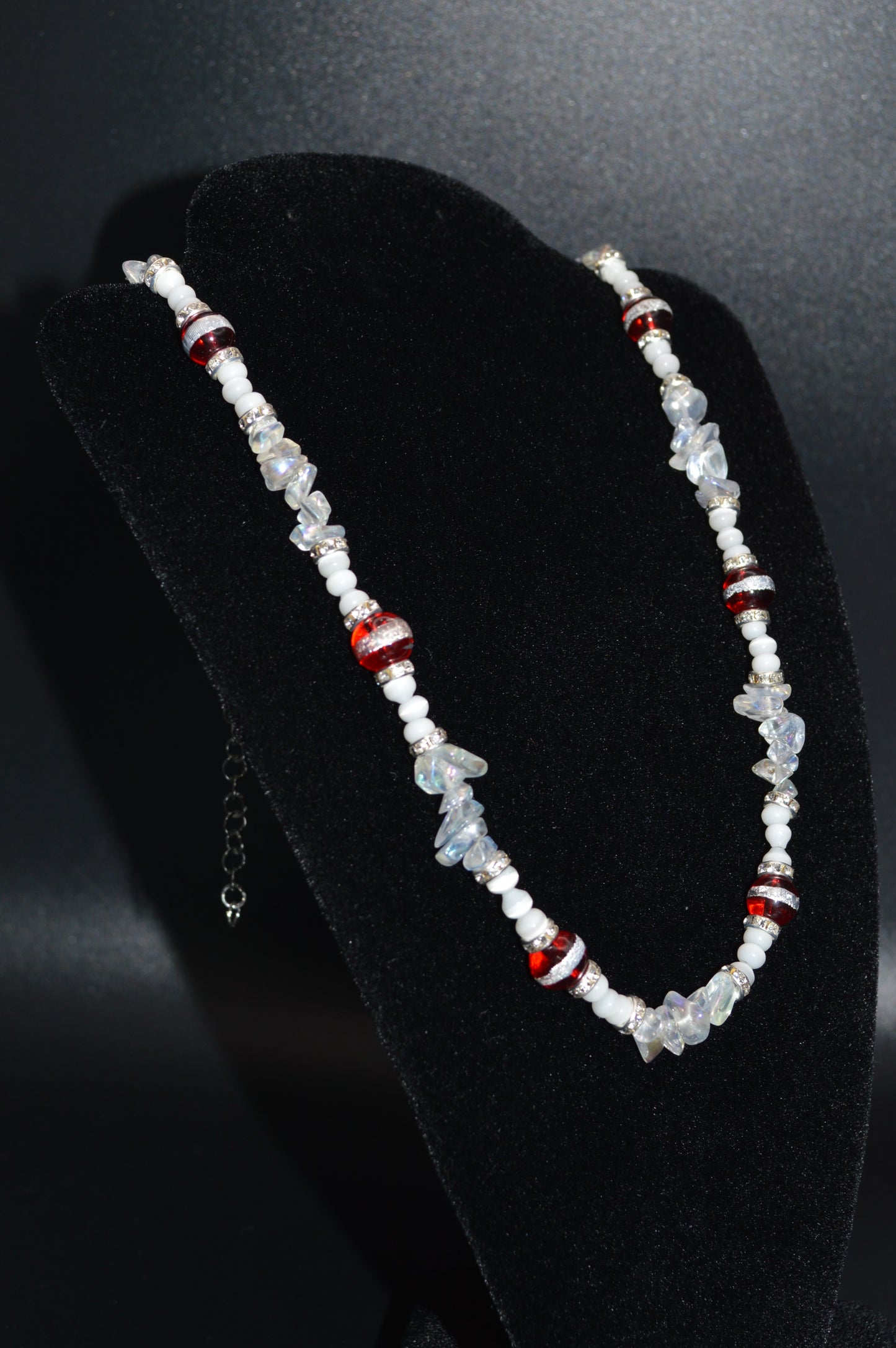Red Silver Striped Glass Beads with Glass Chips and Crystal Spacers Necklace