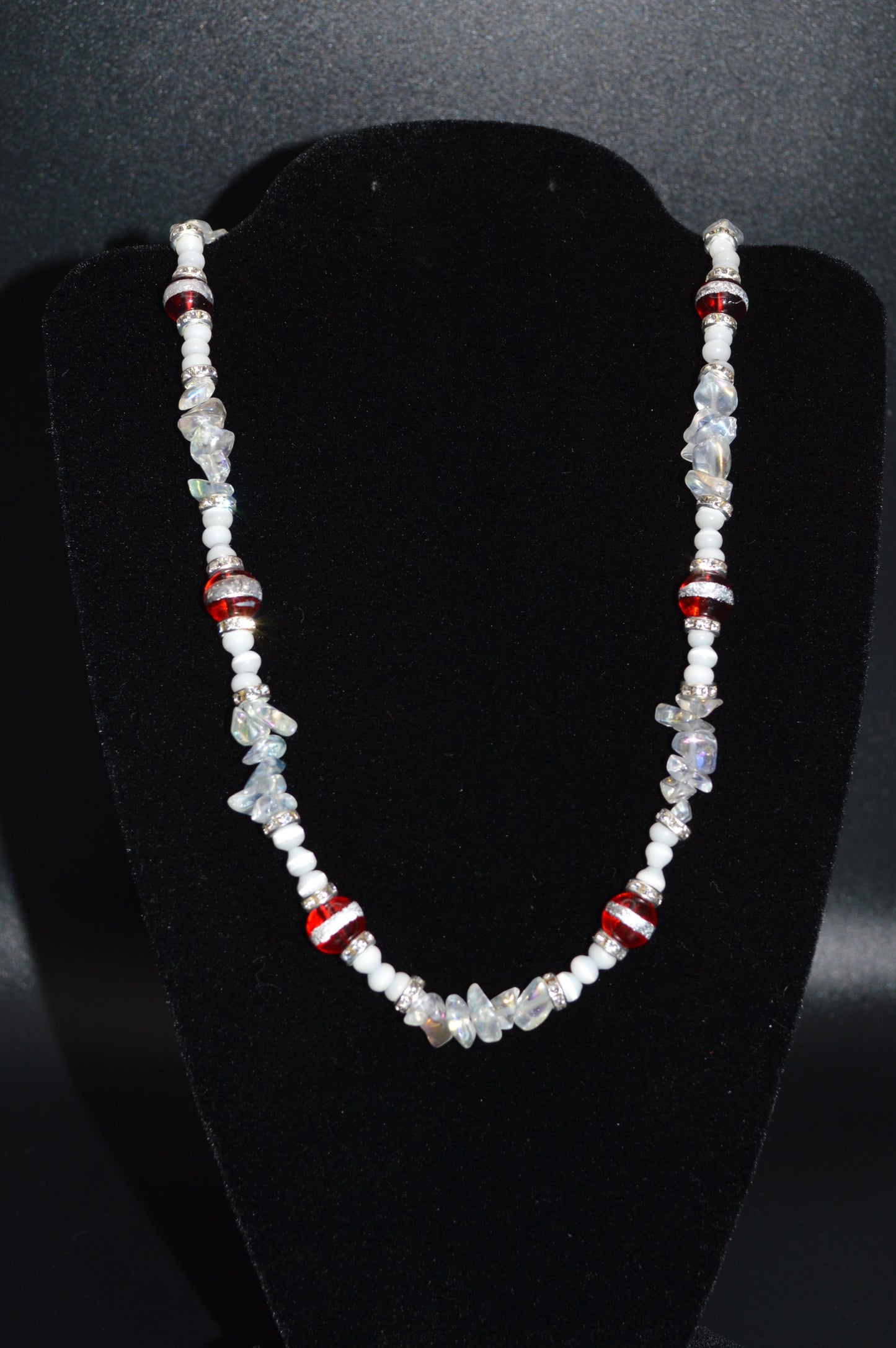 Red Silver Striped Glass Beads with Glass Chips and Crystal Spacers Necklace
