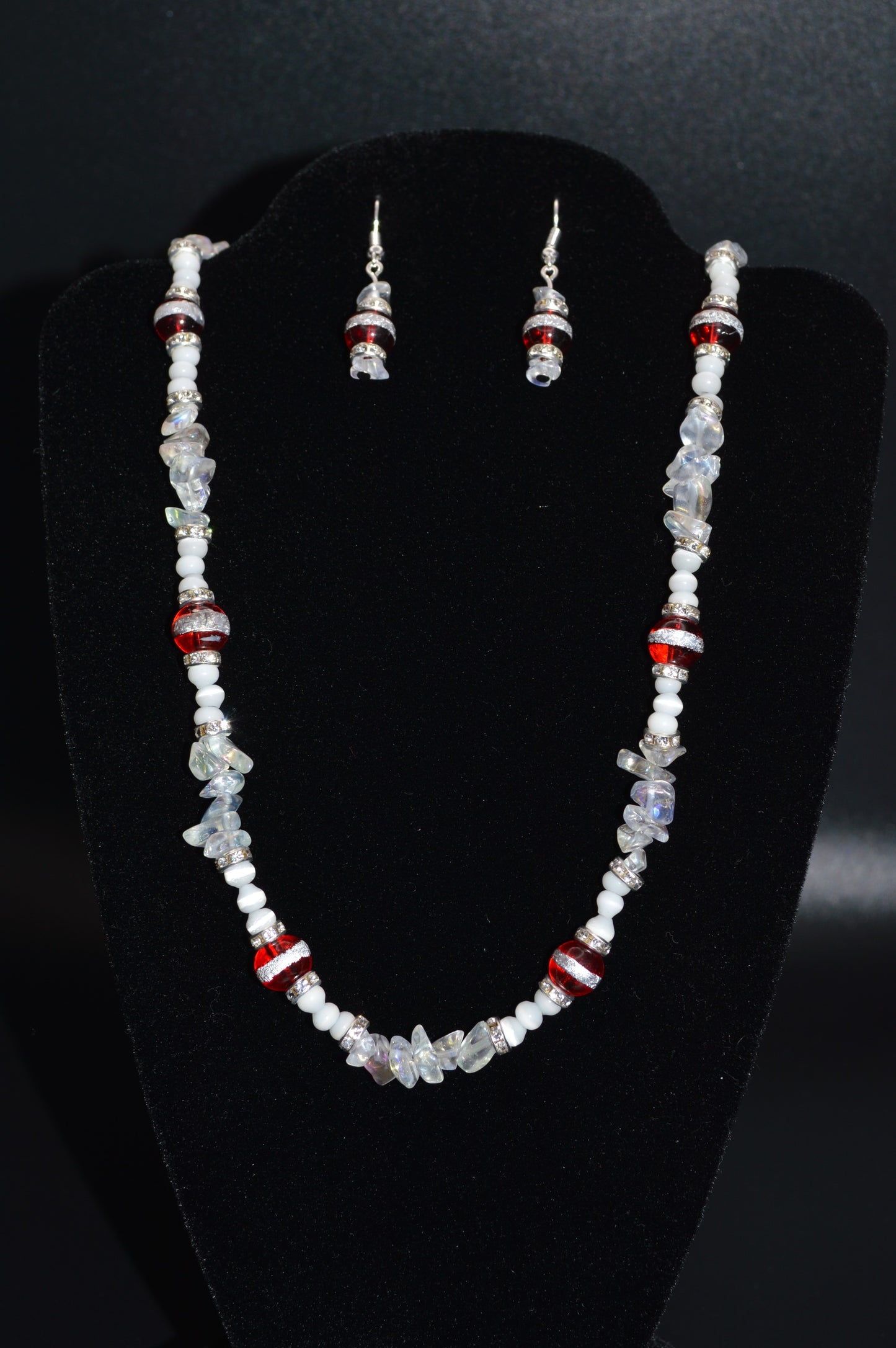 Red Silver Striped Glass Beads with Glass Chips and Crystal Spacers Necklace