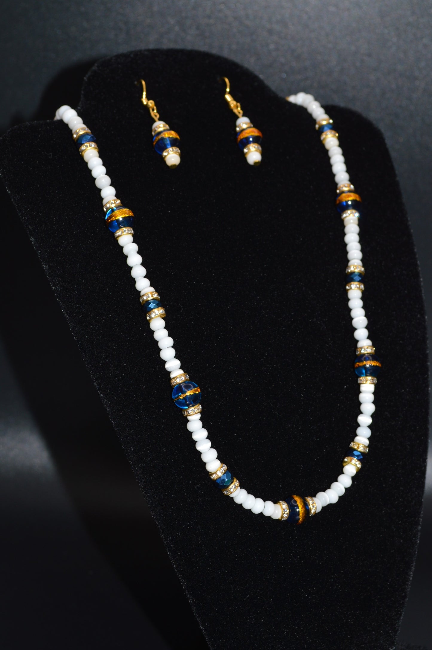 Blue with a Gold Stripe, Cat's Eye Glass and Crystal Earrings