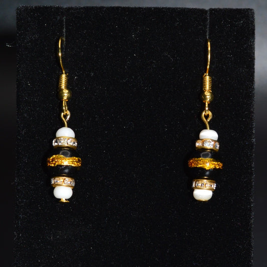 Black with a Gold Stripe, Cat's Eye Glass and Crystal Earrings