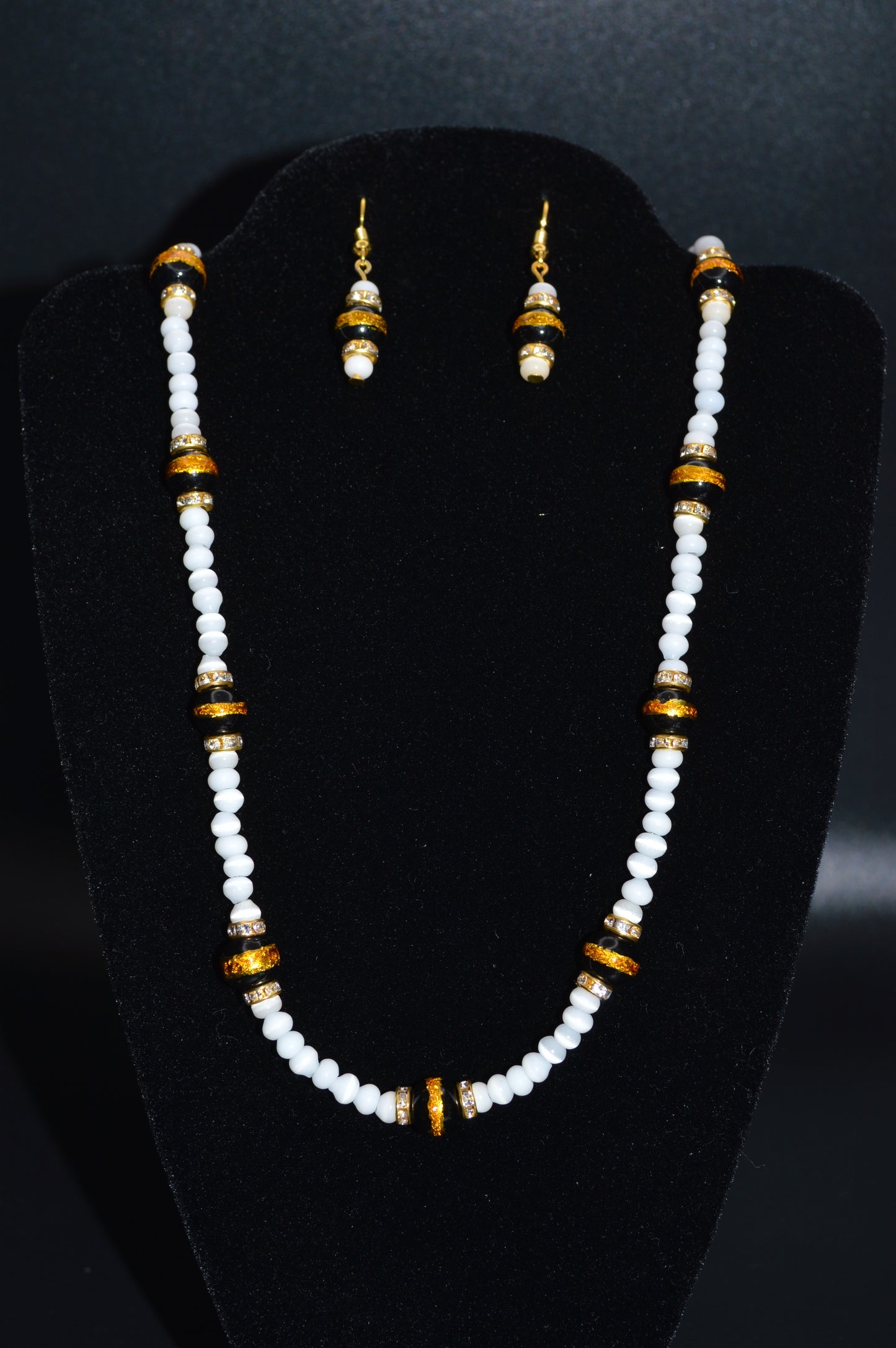 Black Gold Striped Glass Beads with Cat's Eye Glass Beads and Crystals Necklace