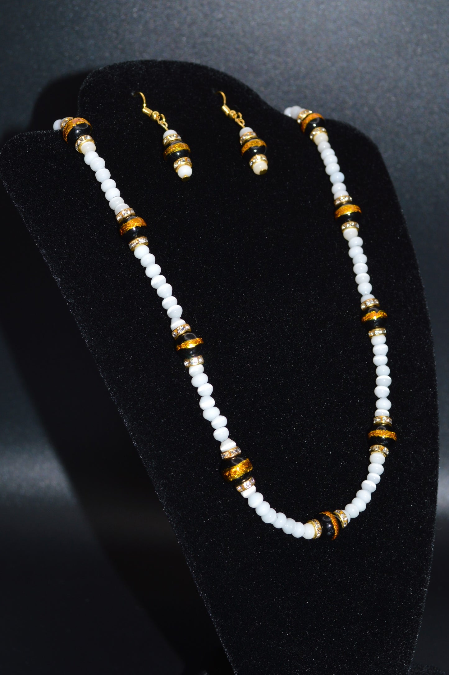 Black with a Gold Stripe, Cat's Eye Glass and Crystal Earrings