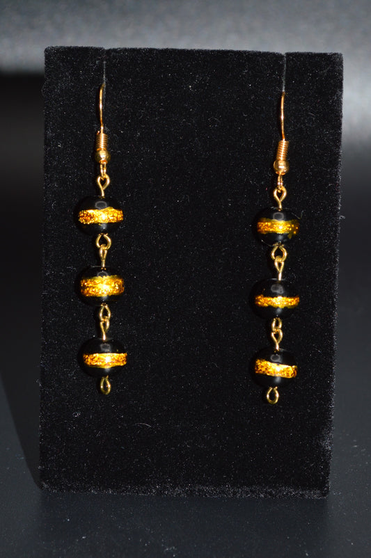 Black with a Gold Stripe Earrings (Triple Bead)