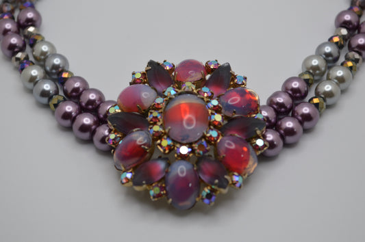 Vintage Brooch and Pearl Necklace (Purple and Silver)