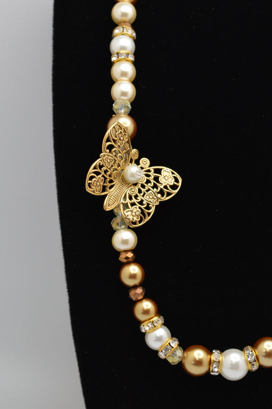 Golden Butterfly and Pearl Necklace (Gold and White)