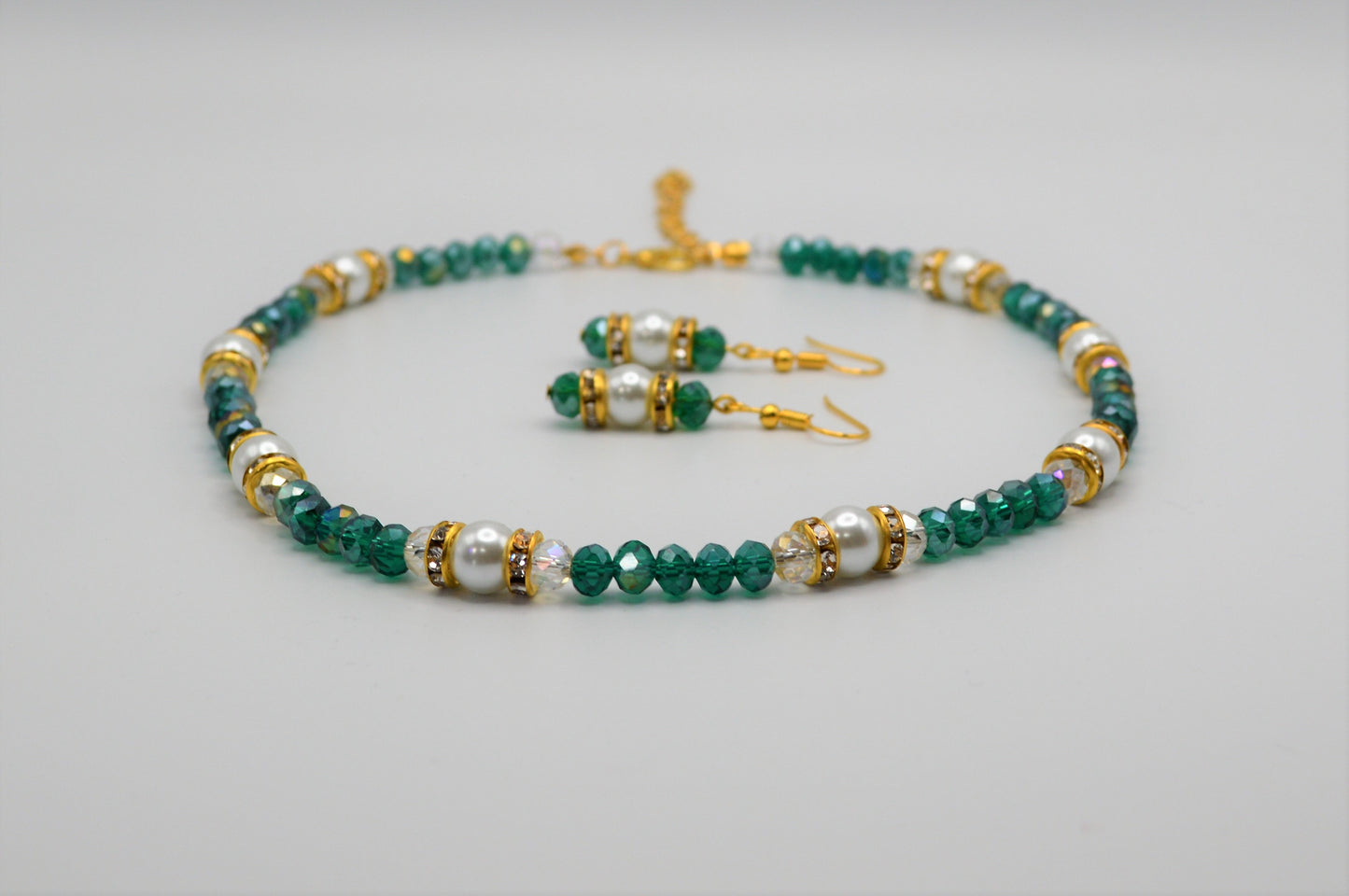 Emerald Green Crystals and Pearl Necklace