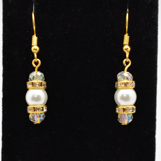 White Glass Pearl and Crystal Earrings (8 mm Pearls with Gold Hooks)
