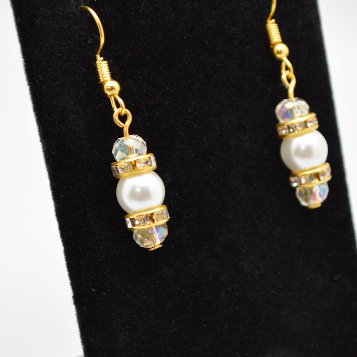 White Glass Pearl and Crystal Earrings (8 mm Pearls with Gold Hooks)
