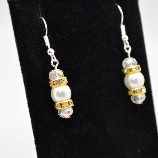 White Glass Pearl and Crystal Earrings (8 mm Pearls with Silver Hooks)