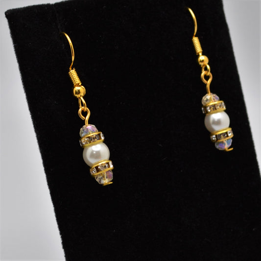 White Glass Pearl and Crystal Earrings (6 mm Pearls with Gold Hooks)