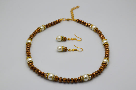 Copper Crystals and Cream Pearl Necklace
