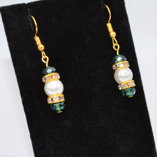 Emerald Green Crystals and Pearl Earrings (long)